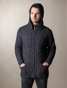 Hooded Merino Aran Jacket - Comorant blue