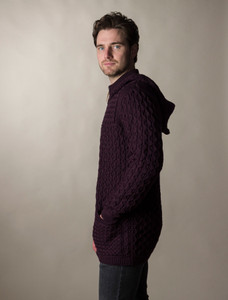 Hooded Merino Aran Jacket -  Damson
