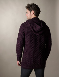Hooded Merino Aran Jacket -  Damson