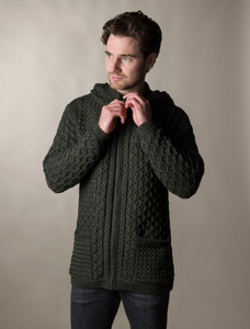 Hooded Merino Aran Jacket - Army Green