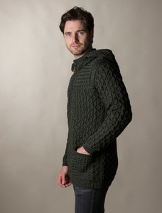 Hooded Merino Aran Jacket - Army Green