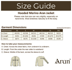 Hooded Merino Aran Jacket - Size Guide