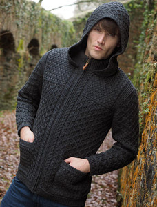 Hooded Merino Aran Jacket - Charcoal