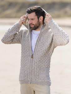 Hooded Merino Aran Jacket - Oatmeal