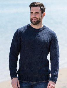 Merino Textured Crew Neck Sweater - Navy