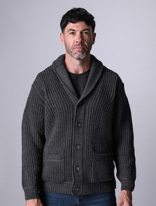 Merino Wool Ribbed Shawl Neck Cardigan - Charcoal