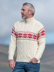 Winter Fair Isle Zip-Neck Aran Sweater - Natural White/Cherry