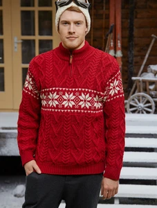 Snowflake Zip-Neck Aran Sweater, Zip Neck Aran Sweater