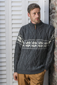Winter Fair Isle Zip-Neck Aran Sweater - Charcoal/Natural White