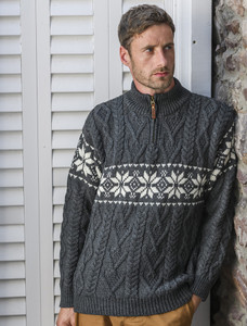 Winter Fair Isle Zip-Neck Aran Sweater - Charcoal/Natural White