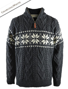 Winter Fair Isle Zip-Neck Aran Sweater - Charcoal/Natural White