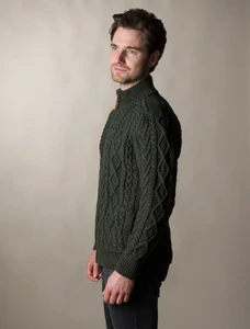 Full Zip Cardigan with Patches  -Army Green