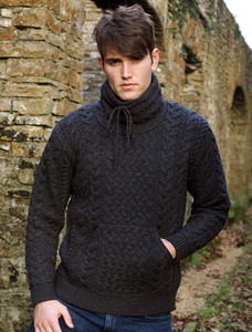 Men's Cowl Neck Aran Sweater - Charcoal