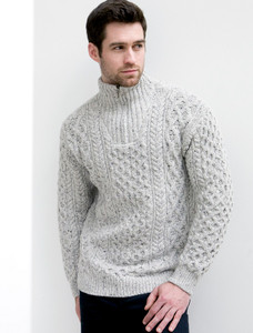 Wool Cashmere Aran Troyer Sweater - Silver Marl