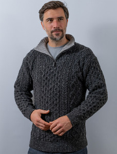 Wool Cashmere Aran Troyer Sweater - Charcoal