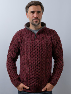 Wool Cashmere Aran Troyer Sweater - Rich Burgundy