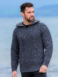 Wool Cashmere Aran Troyer Sweater - Navy Marl