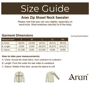 Aran Zip Shawl Neck Sweater - Size Guide