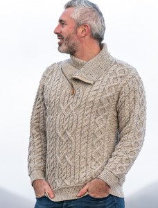 Aran Zip Shawl Neck Sweater - Oatmeal