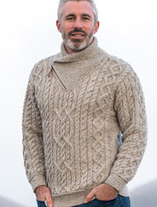 Aran Zip Shawl Neck Sweater - Oatmeal