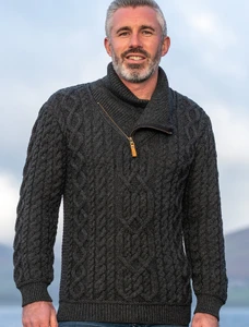 Aran Zip Shawl Neck Sweater - Charcoal