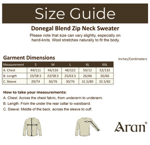 Donegal Blend Zip Neck Sweater - Size Guide