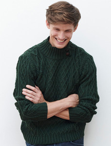 Mens Merino Aran Button Collar Sweater - Army Green