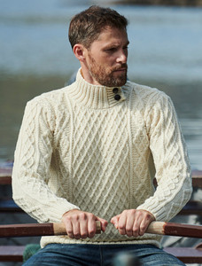 Mens Merino Aran Button Collar Sweater - Natural White