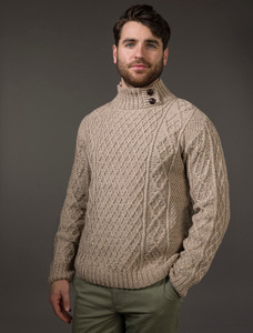 Mens Merino Aran Button Collar Sweater - Wicker