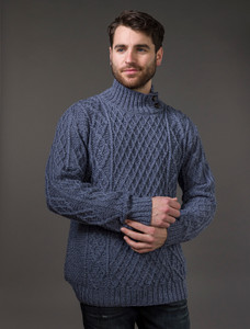 Mens Merino Aran Button Collar Sweater - Denim