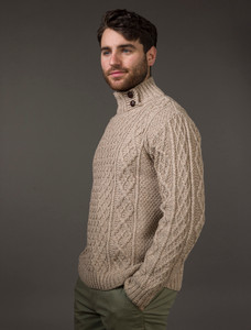 Mens Merino Aran Button Collar Sweater - Wicker