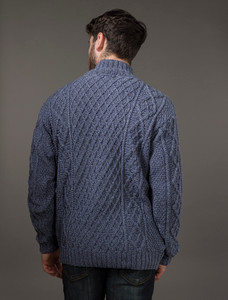 Mens Merino Aran Button Collar Sweater - Denim