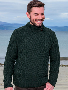 Mens Merino Aran Button Collar Sweater - Army Green