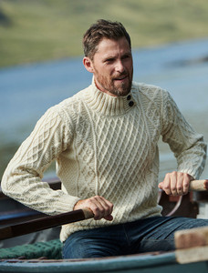 Mens Merino Aran Button Collar Sweater - Natural White