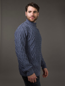 Mens Merino Aran Button Collar Sweater - Denim