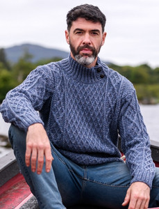 Mens Merino Aran Button Collar Sweater - Denim