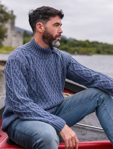 Mens Merino Aran Button Collar Sweater - Denim