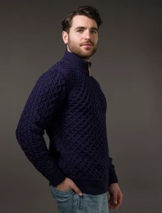 Mens Super Soft Half Zip Aran Sweater - Navy