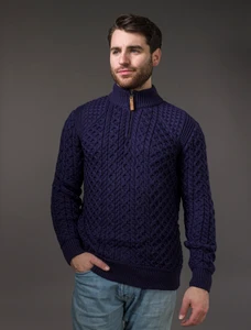Mens Super Soft Half Zip Aran Sweater - Navy