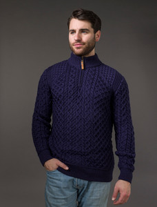 Mens Super Soft Half Zip Aran Sweater - Navy