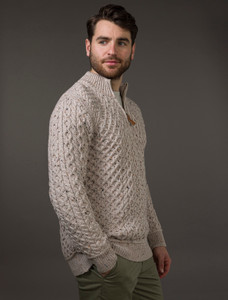 Mens Super Soft Half Zip Aran Sweater - Oatmeal