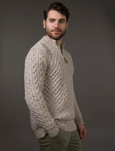 Mens Super Soft Half Zip Aran Sweater - Oatmeal