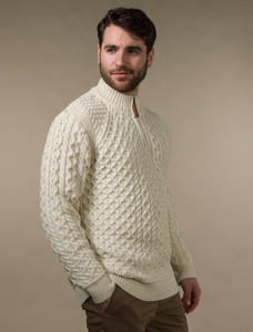 Mens Super Soft Half Zip Aran Sweater - Natural White