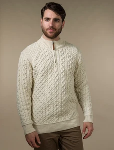 Mens Super Soft Half Zip Aran Sweater - Natural White
