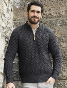 Mens Super Soft Half Zip Aran Sweater - Charcoal