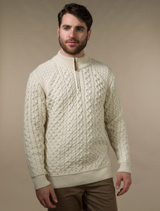 Mens Super Soft Half Zip Aran Sweater - Natural White