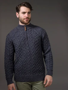 Mens Super Soft Half Zip Aran Sweater - Cormorant