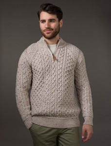 Mens Super Soft Half Zip Aran Sweater - Oatmeal
