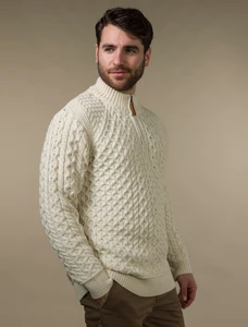 Mens Super Soft Half Zip Aran Sweater - Natural White