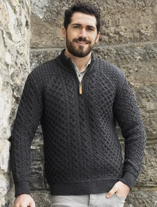 Mens Super Soft Half Zip Aran Sweater - Charcoal